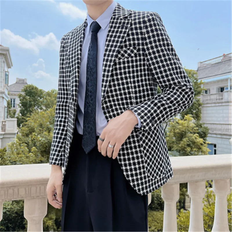 Vintage Plaid Blazer Men Retro Design Slim Fit Business Suit Jacket Korean Style Casual Coat Chaqueta Hombre Youth Man Clothes