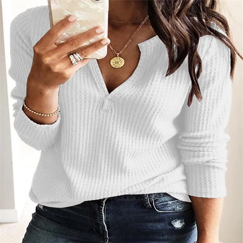 

Womens Clothing Autumn Spring V Neck T Shirts Solid Long Sleeve Waffle Knit T Shirt Casual Slim Tops