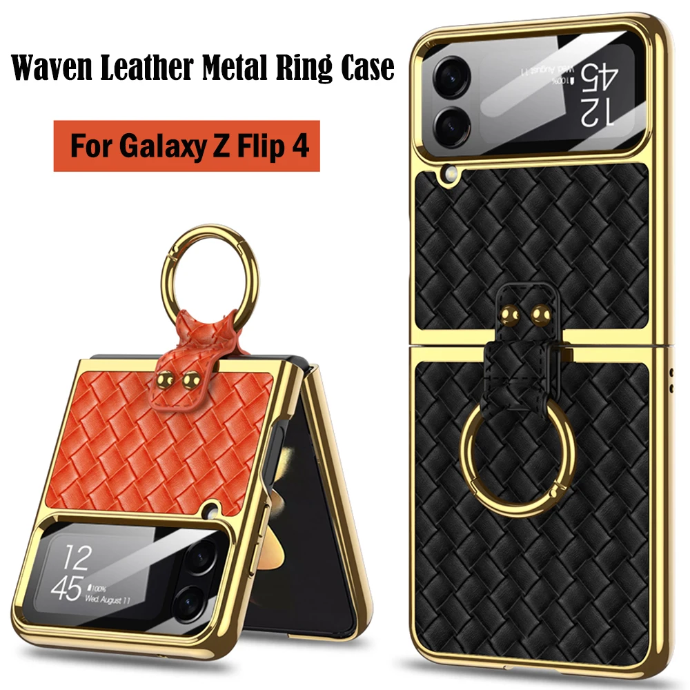 

Роскошный Плетеный чехол из искусственной кожи с покрытием для Samsung Galaxy Z Flip 4, чехол для Galaxy Z Flip 4, защитный чехол с кольцом-кронштейном