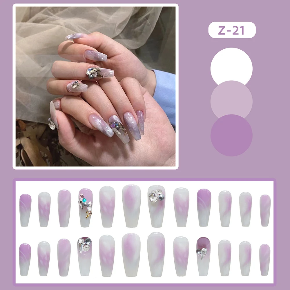 

2021 24 шт Длинные накладные ногти фиолетовый шпатель Декор стойкий Ноготь для женщин светильник фиолетовый пресс на ногтях многоразовый для ...