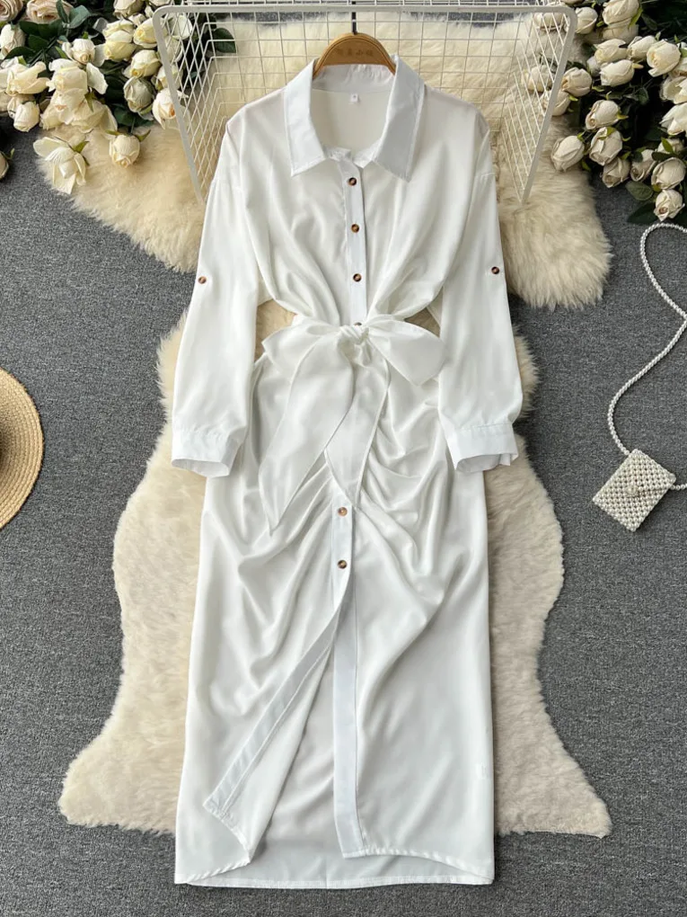 

Foamlina Fashion Women White Shirt Dress New Spring Autumn Turn-down Collar 3/4 Sleeve Buttons Sash Lace-up Female Basic Dress