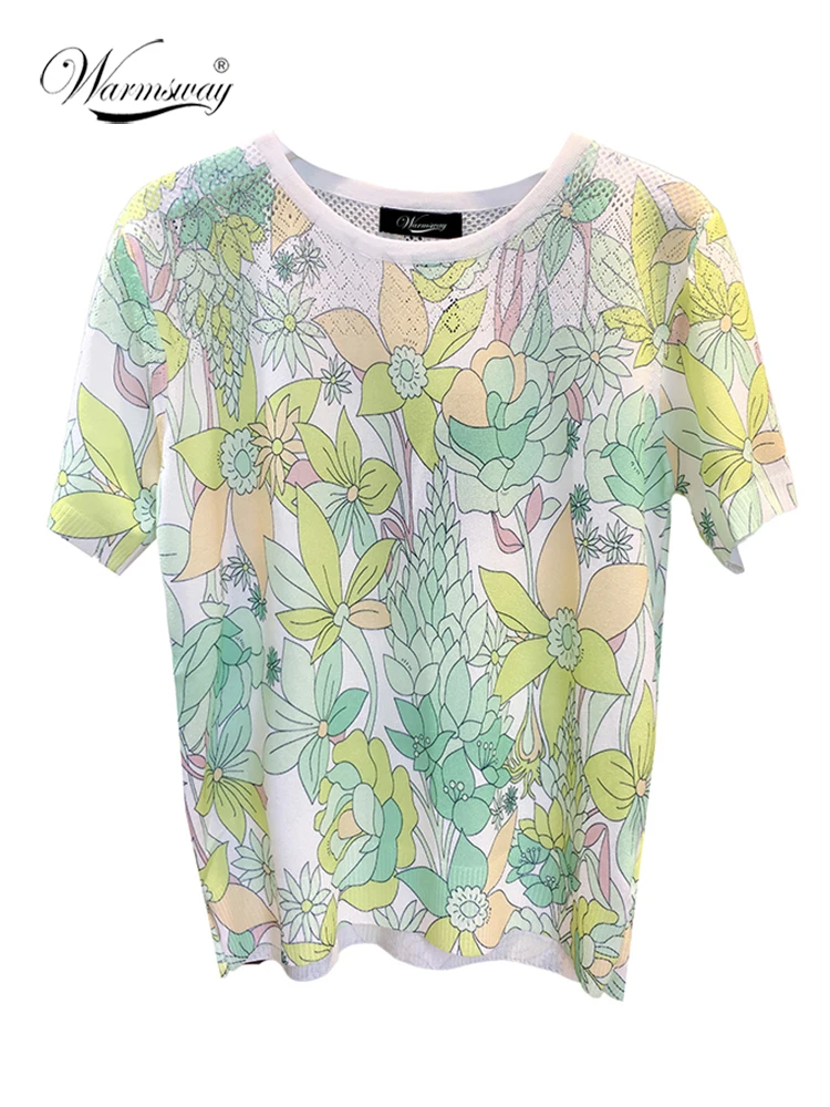 

2022 New Summer T Shirt Women Knitted Casual Printing Hollow Out Short Sleeves Top O-Neck Slim Thin Kintwear B-011
