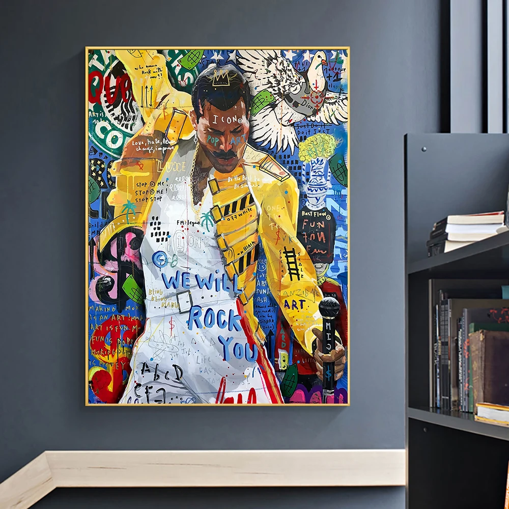 

Граффити искусство Freddie Mercury богемный рок музыка звезда холст живопись настенные художественные плакаты принты абстрактная поп-арт Картина...