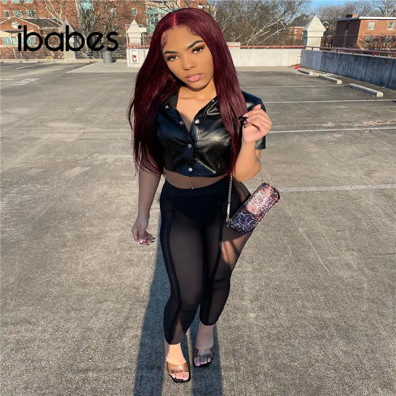 

Fitness Women 2 Piece Set PU Leather Sleeveless Crop Top Mesh Skinny Leggings Matching Set 2023 Summer Sexy Night Club Outfits