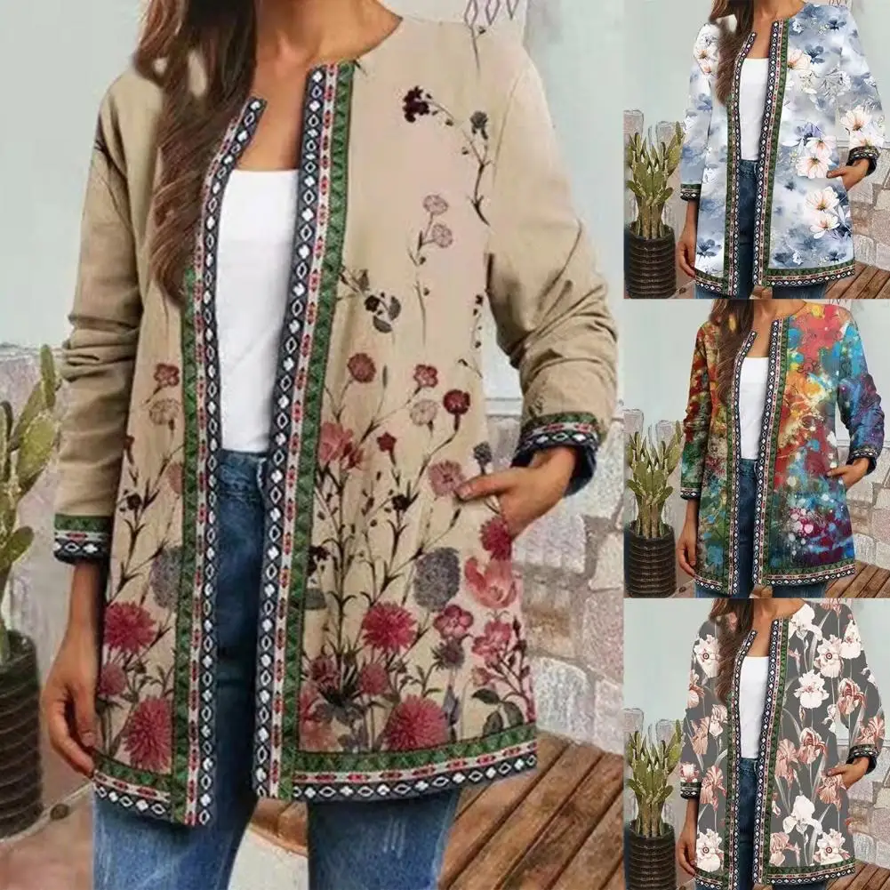 

2021 Autumn Winter Cardigan Women's Vintage Ethnic Floral Printed Long Sleeve Tunic Jackets Ladies Loose Outerwear Chic Top Coat