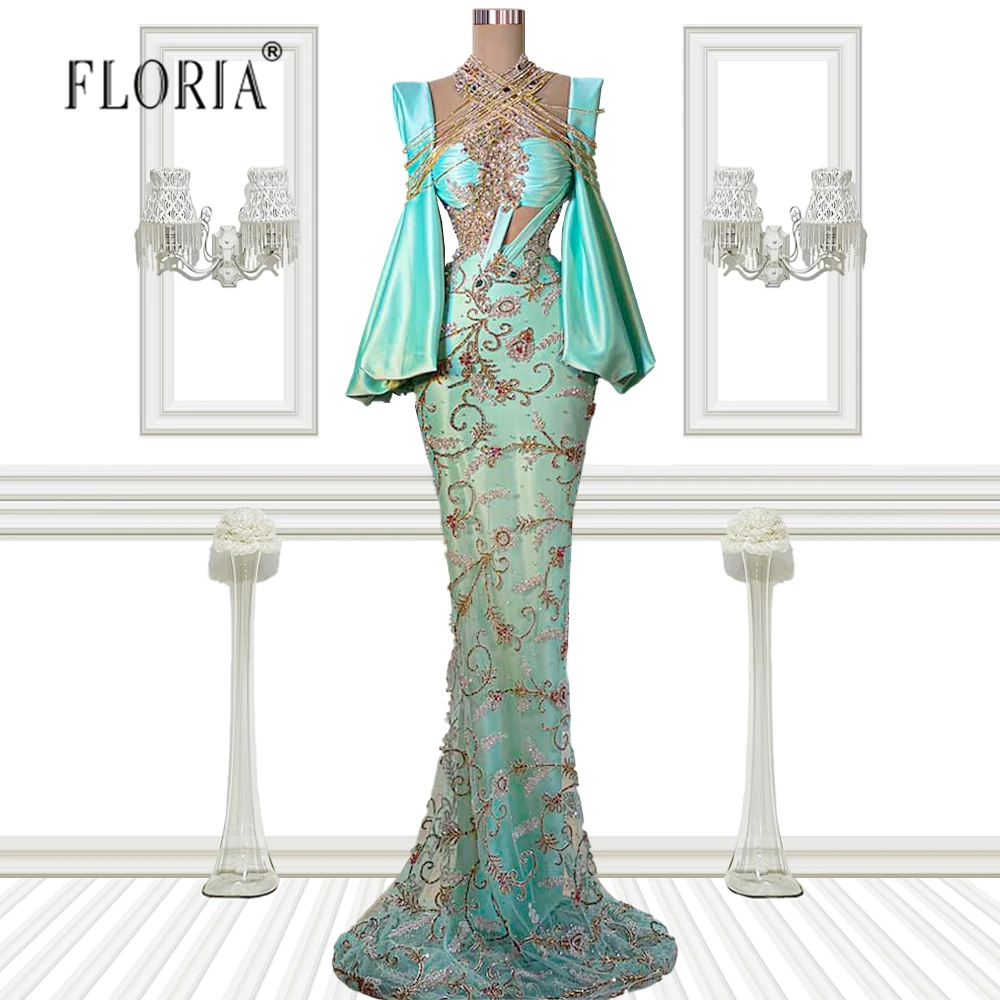 Женское вечернее платье-русалка зеленое облегающее платье с рукавами-фонариками