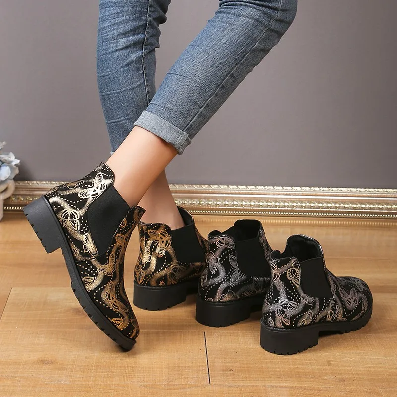 Женские ботильоны с бабочкой черные или золотистые полусапожки