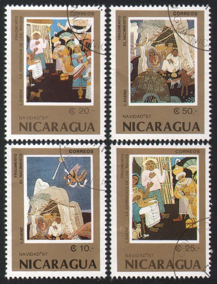 

4 шт./компл. почтовые марки Никарагуа 1987 всемирно известные картины использованные почтовые марки для коллекционирования