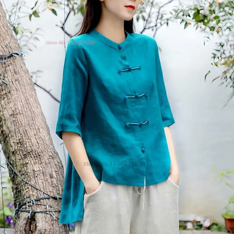 

2023 traditional chinese retro hanfu vintage cotton linen blouse women oriental tang suit tea service hanfu blouse zen suit