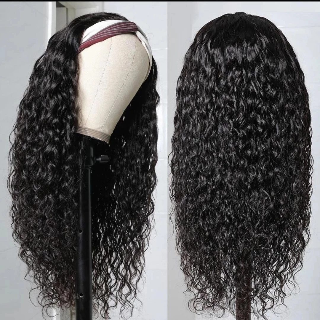 Water Wave Glueless Human Hair Wigs Curly Headband Wigs Peruvian Hair Machine Made Wig Fit All Size Head For Black Women