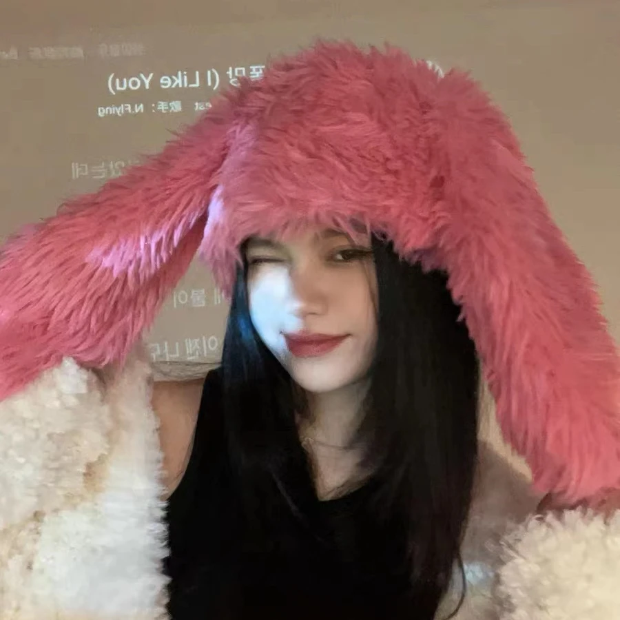 

Новинка 2023, облегающие шапки с кроличьими ушками, Корейская нишевая милая плюшевая шапка в стиле Ins, розово-красного цвета, зимняя теплая заб...