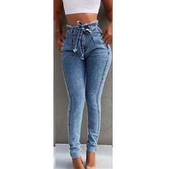 Women Jeans Summer Solid Skinny Slim Stretch Fringe Belt Pencil Jeans High Waist Tassel Drawstring Femme Stretch Denim pants
