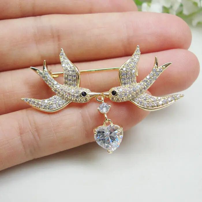 

Zircon Crystal Elegant Double Swallow Love Teardrop Woman's Brooch Pin Gifts