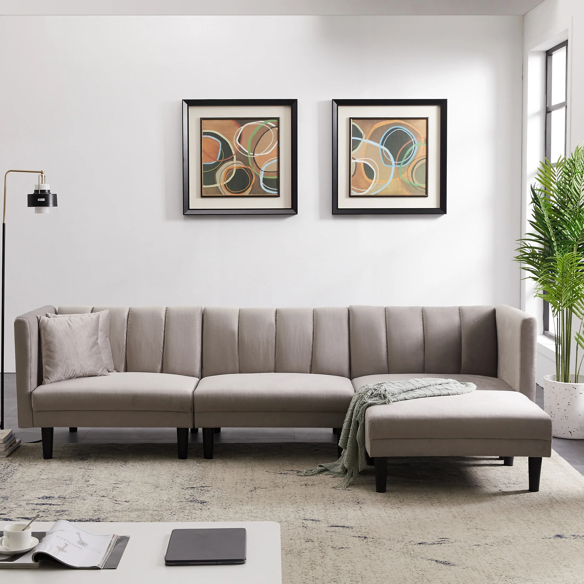 

REVERSIBLE SECTIONAL SOFA SLEEPER WITH 2 PILLOWS LIGHT GREY VELVET(W223S00364)