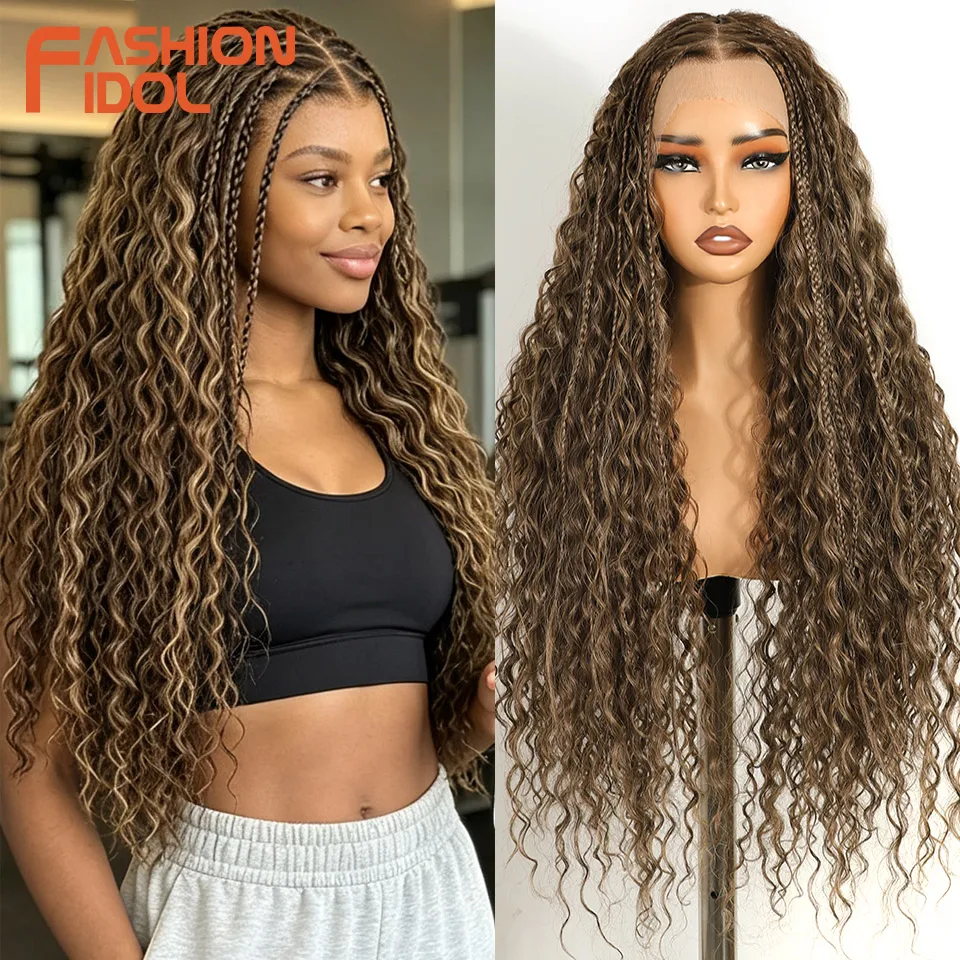 Фото Синтетические коричневые парики FASHION IDOL Twist Box Braided Lace с кружевной вставкой 13X4 для чернокожих женщин, парики Goddess Faux Locs Braids №1