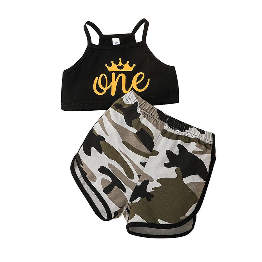 

New 2022 Children's Clothes Girl Summer Outfits Letter Print Suspender Tops + Camouflage Short Pants Set Fashion Girls Clothes