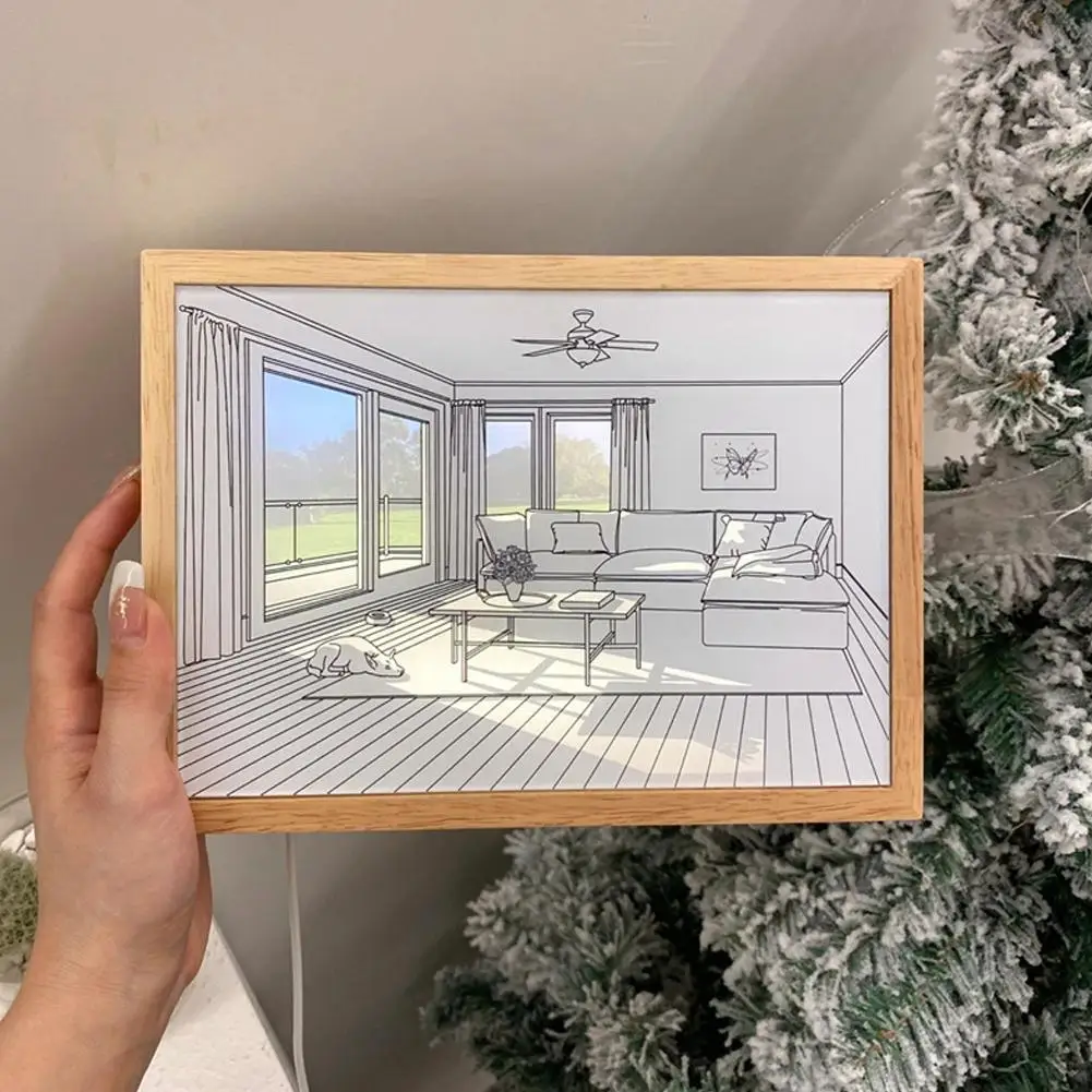 

INS Decor LED Light Painting USB Plug Dimming Wall Artwork Table Lamp Gift Indoor Sunlight Window Wooden Photo Night Luminous