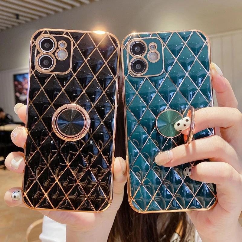 

for iPhone 7 8 XS XR 11 12 13 Pro Max Mini Plating Rhombus Lattice Soft Protective Phone Case Cover Shell With Finger Ring Stand