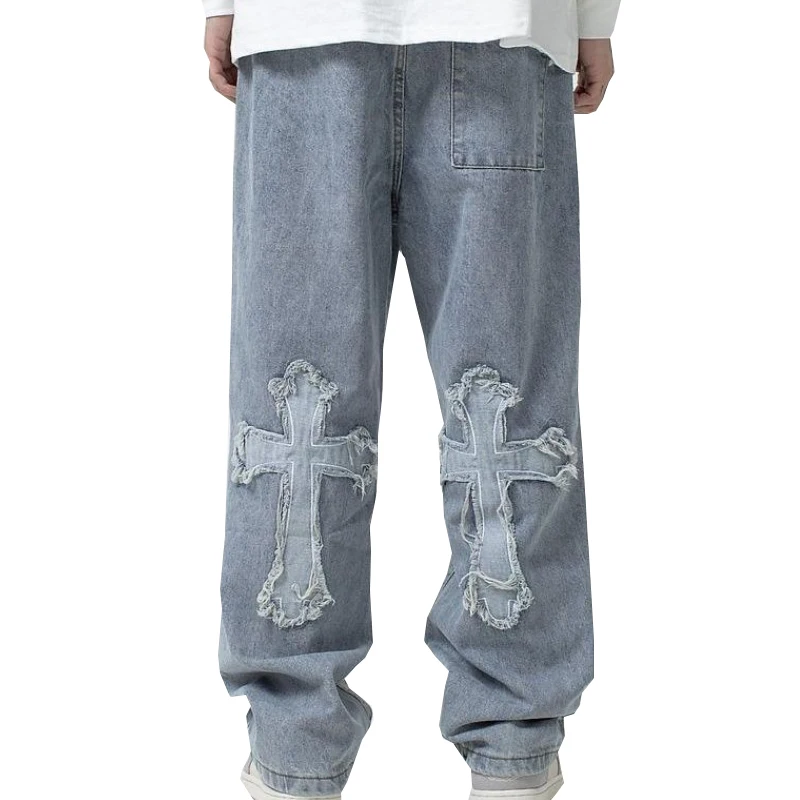 2022 Y2K Men jeans European and American high street cross embroidery hip-hop tide brand straight loose wide-leg pants trousers