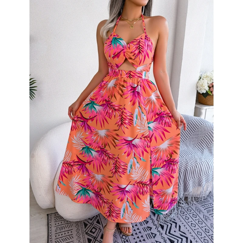 

Dress Women's 2023 Summer Bohemian Vacation Style Hollow Waist Hanging Neck Tie Sexy Slim Fit Leaf Print Split Beach Skirt Frock