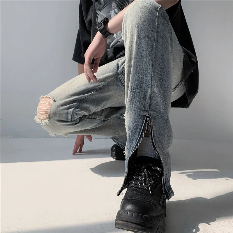 Summer Ripped Jeans Men Slim Fashion Casual Straight Jeans Mens Japanese Streetwear Loose Hip Hop Hole Denim Pants Mens Trousers