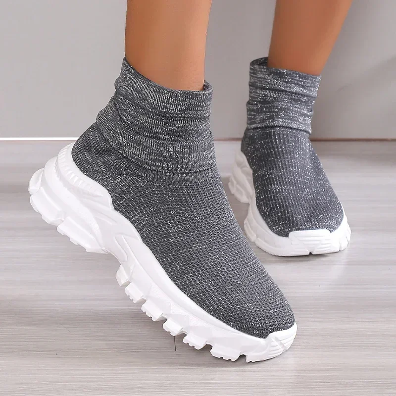 

Knitting Platform Women Ankle Sneakers Casual Cozy Flats Sport Shoes New 2024 Winter Designer Walking Shoes Mujer Sock Botas