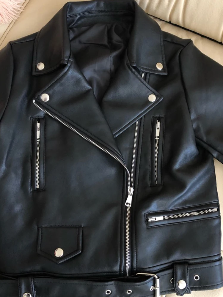 Aoottii New Women Spring Autumn Black Faux Leather Jackets Zipper Basic Coat Turn-down Collar Motor Biker Jacket With Belt