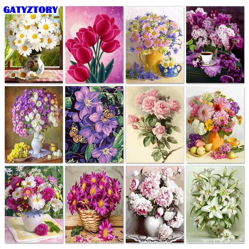 

GATYZTORY DIY Diamond Painting Floral Mosaic Picture Of Rhinestones Full Drill Square Diamond Embroidery Pink Flower Decor For H