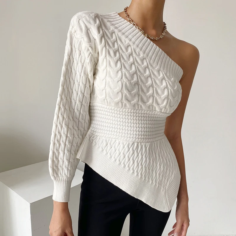 

Fashionable Women's Slant Collar Irregular Sweater Spring Autumn Pullover
