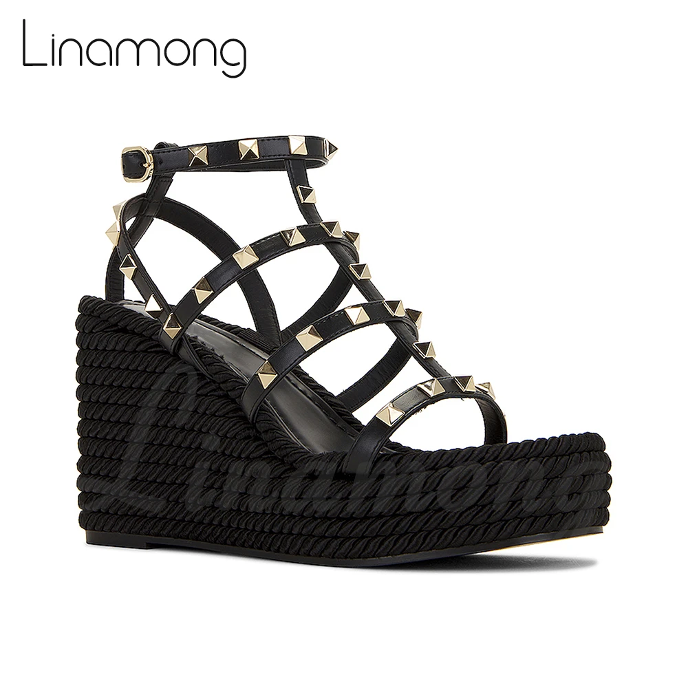 

Rivet Gladiator Espadrilles Round Toe Wedge Platform Sandals Metal Studs Punk Style Summer Shoes Multicolor Buckle Women Sandals