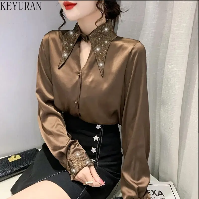 

2022 Spring Satin Shirts for Women Hot Drilling Diamonds Turn Down Collar Elegant Blouse Women Korean Tops Shirt Hollow Blouses