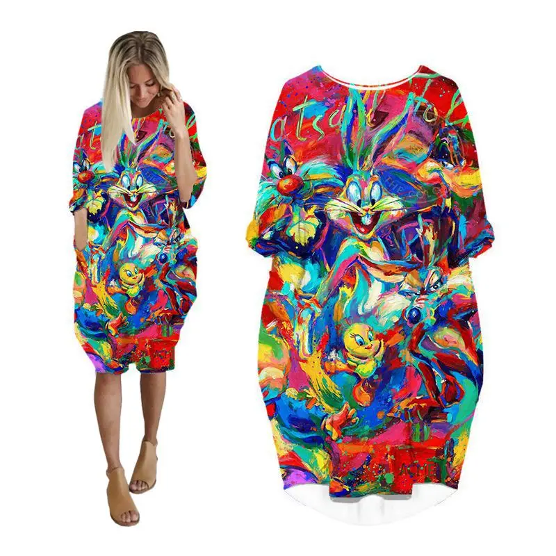 

dresses for women pocket batwing long sleeve womans clothing fashion plus size ladies clothes female dress print looney tunes DM