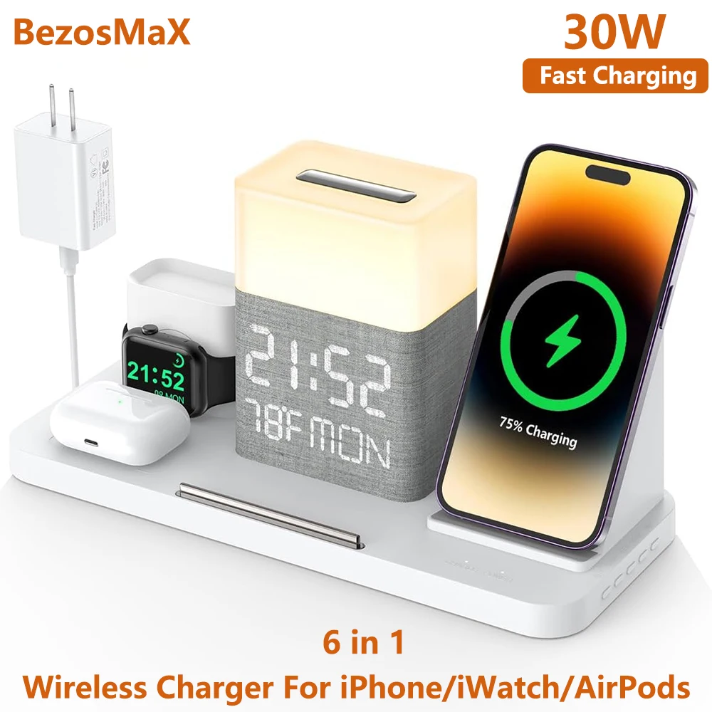 BezosMax 6 в 1 Беспроводная зарядная станция с Bluetooth TimeSync/Night Light Fast Charger 30W Adapter