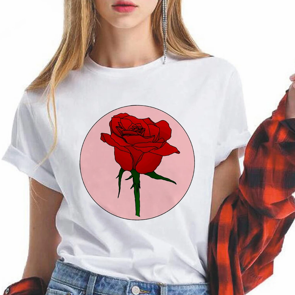 

Rose Printed Women T-Shirt White Soft Girl Aesthetic Top For Loose Clothing Cyber Y2k Style Short Sleeve Fashion Ropa Edgy 2022