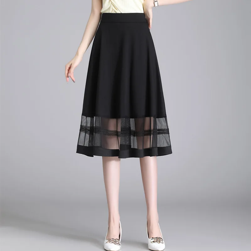 

Mesh Spliced Mid-long Fashion A-line Women Skirt 2023 Spring Summer Office Lady Elegant Loose Casual Black Skirts M-4XL 98162