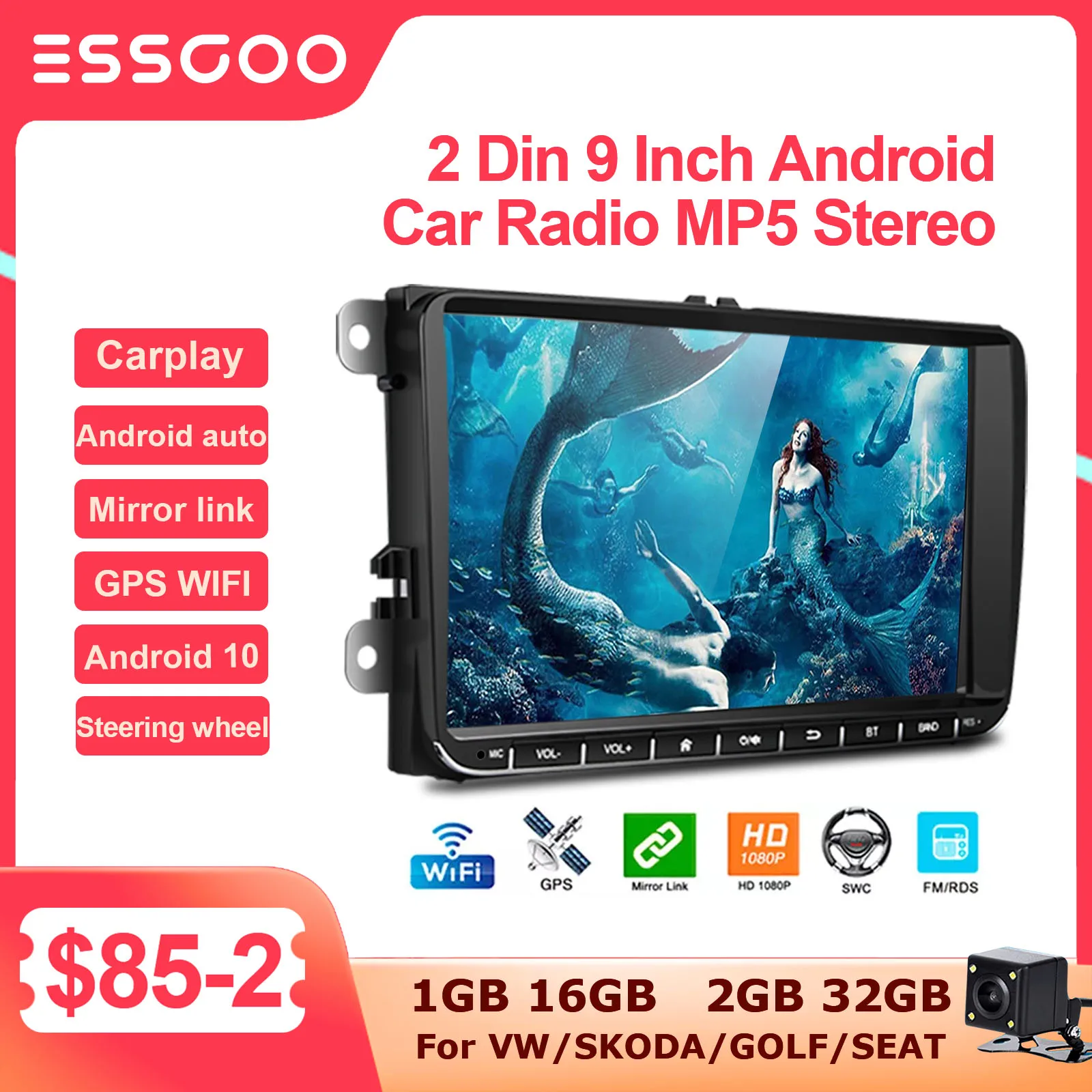 ESSGOO 2 Din Android Car Radio 9 Inch Carplay RDS AM FM Bluetooth WiFi Multimedia Autoradio For VW Volkswagen Passat B6 B7 Skoda