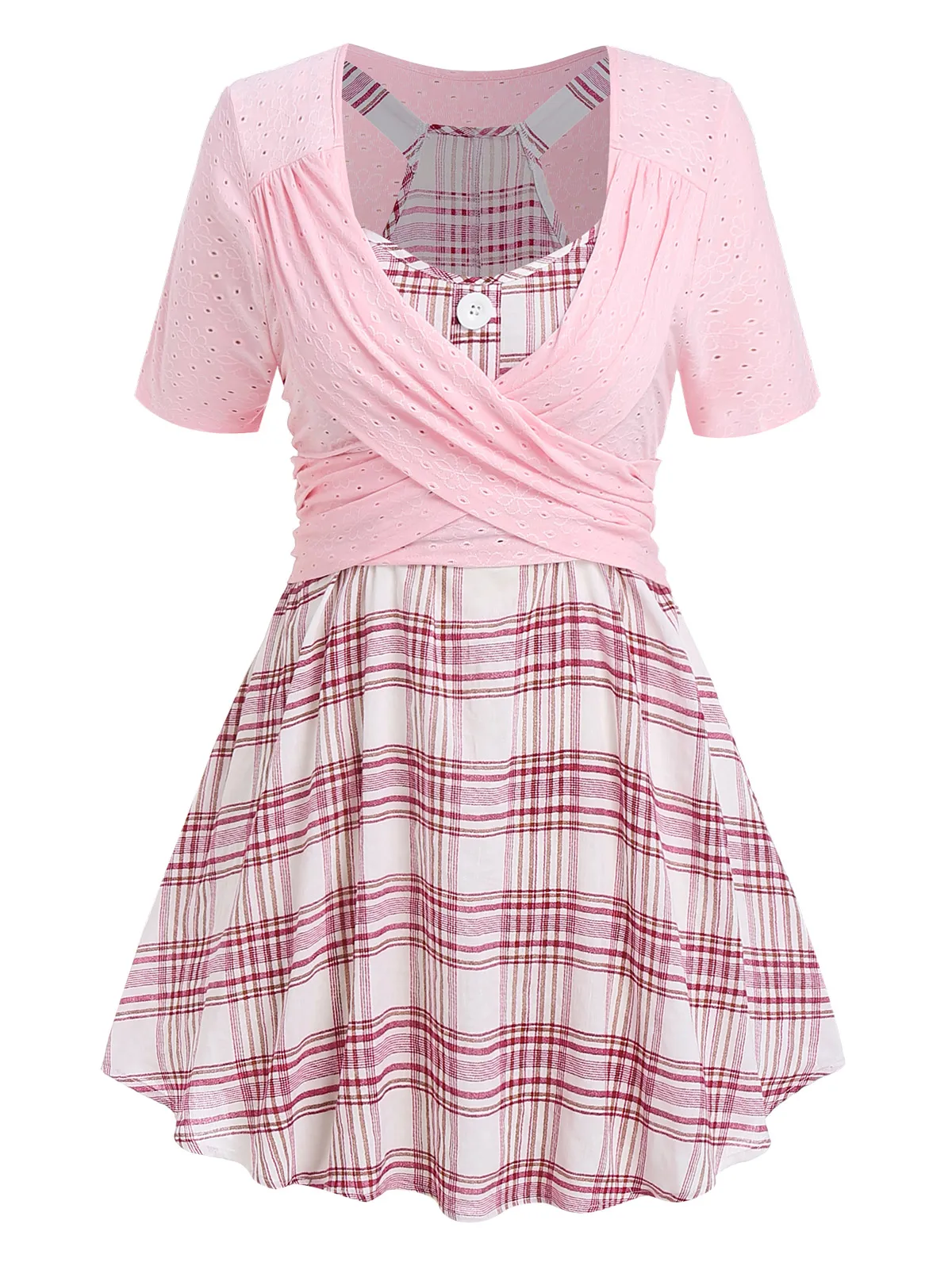 

ROSEGAL 2022 New Fashion Crossover T-Shirt With Plaid Mock Button Tank Top Light Pink Scoop Neck Slim Embroidery Blouses Tee Set