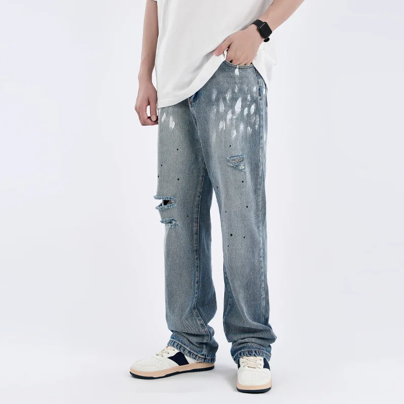 Four Seasons Men's Trousers American Trend Ripped Hole Splash Ink Loose Straight Casual Jeans Men and Women with The Same Style