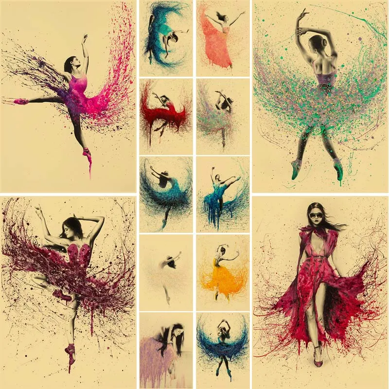 

Dancing Girl Retro Kraft Paper Posters and Prints Home Living Room Decoration Wall Art Pictures Bar Cafe Decorative Paintings