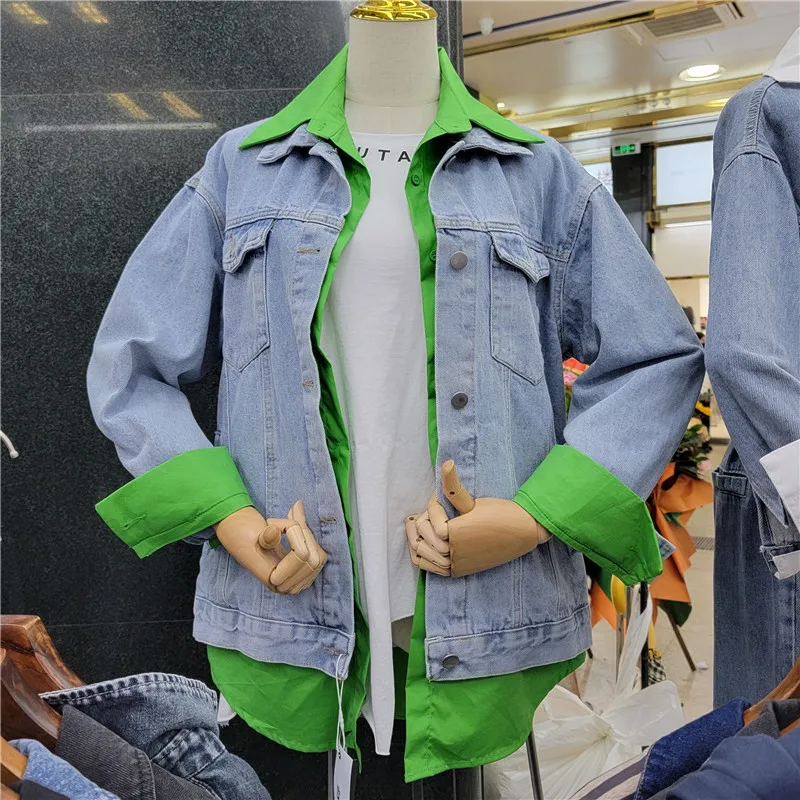 

Fashion Fake Two Pieces Shirt Lapel Irregular Hem Patchwork Jeans Jacket Spring Casual Single-breasted Long Sleeve Denim Outwear