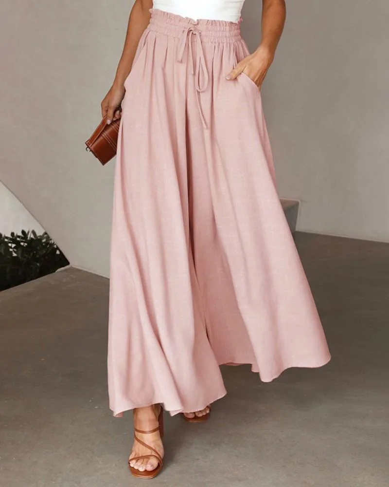 Drawstring High Waist Wide Leg Pants Women Loose Trousers Pants Solid Color Ankle Length
