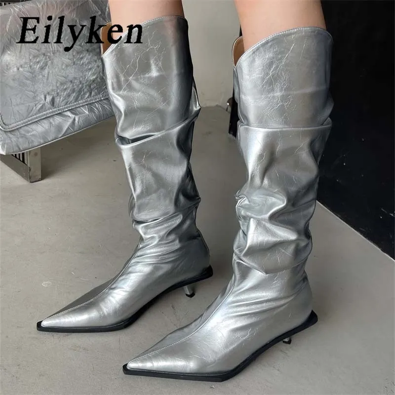 

Eilyken/Дизайнерские уличные плиссированные женские сапоги до колена с острым носком; Дизайнерские вечерние высокие сапоги; Обувь на тонком низком каблуке