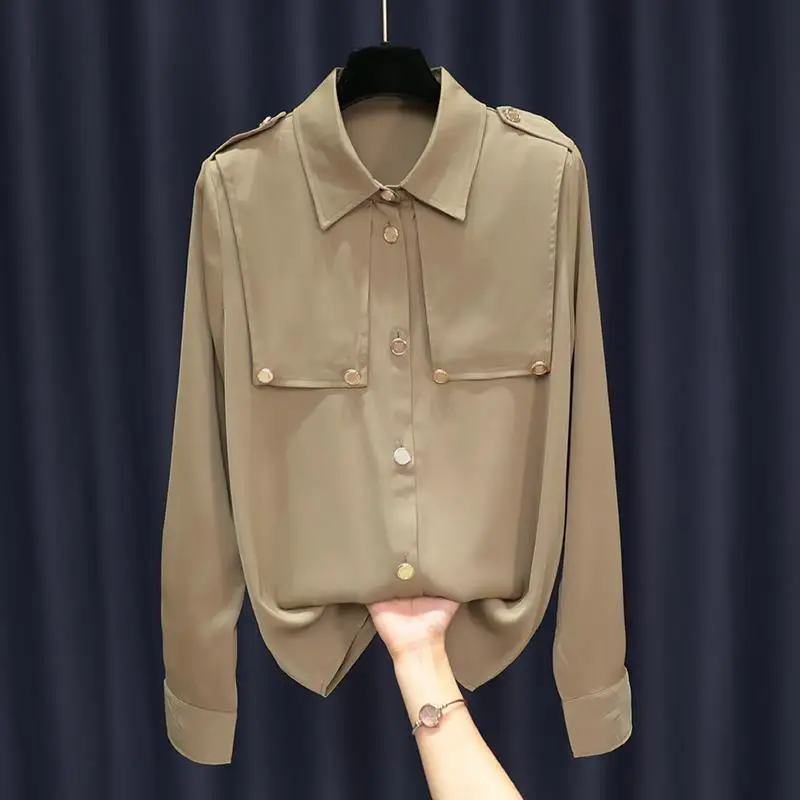 

Women Fashion with Pockets of Female Silk Satin Shirts Office Ladies Elegant Vintage Long Sleeve Loose Blouses Chic Tops A26