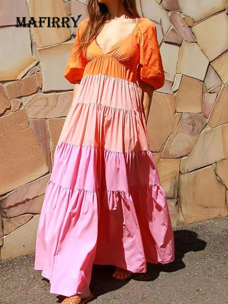 

2022 Summer Women Patchwork Half Puff Sleeve Party Dress Casual Deep V-Neck Loose Ladies Dress New Sweet Streetwear Dropshipping