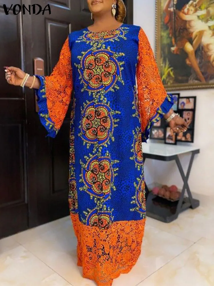 

Women Summer Sundress 3/4 Sleeve Vintage Printed Holiday Pleated Dress 2022 VONDA Crochet Patchwork Evening Party Maxi Dress