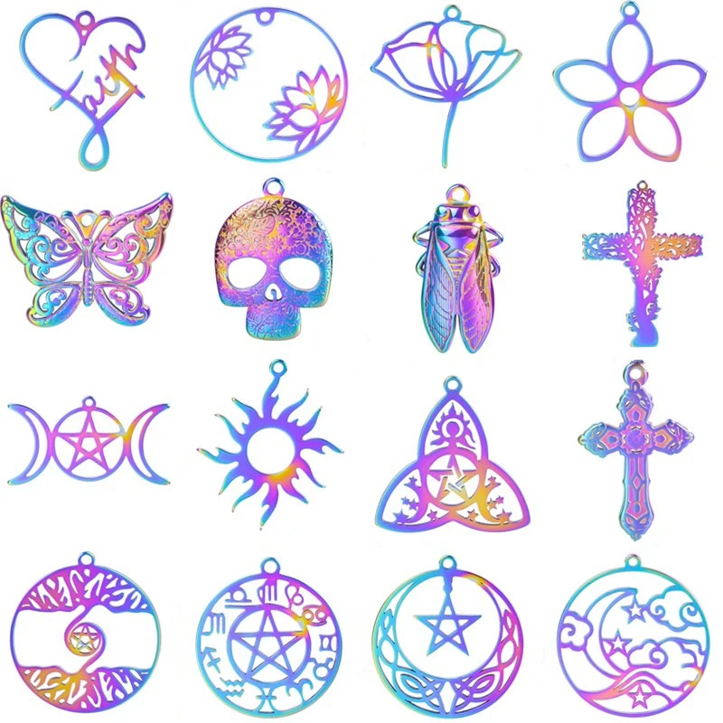 

5pcs DIY Rainbow 12 Constellations Sun Moon Star Charm Butterfly Skull Pendant Stainless Steel Charm For Jewelry Making Supplies