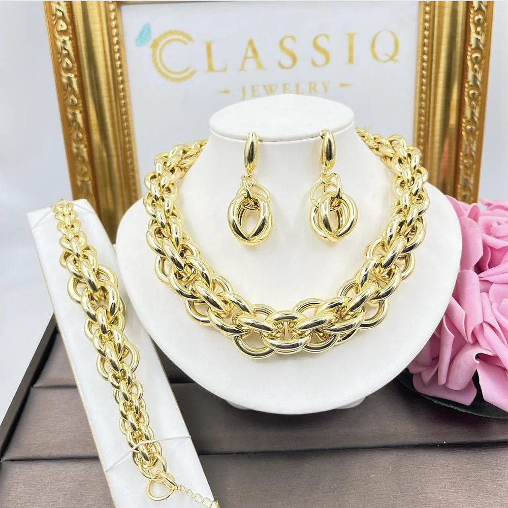 

Woman Jewelry Fashion African Necklace Bridal Earring Wedding Bracelet Ring Set Accessories For Lady Gold Plated Jewelry Set