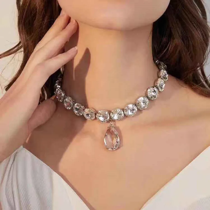 

Vintage Glass Drop Necklace women's luxury crystal necklace wedding jewelry large Rhinestone Necklace Jewelry Wholesale