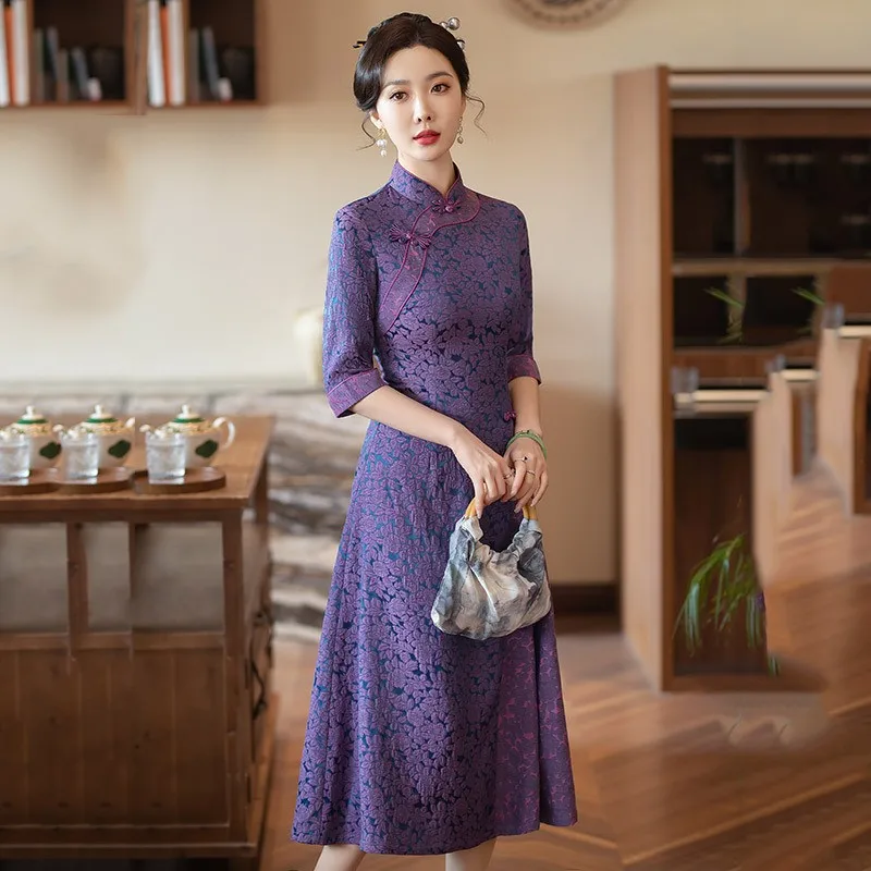 Новинка 2024 китайское платье для молодых мам женское элегантное жаккардовое