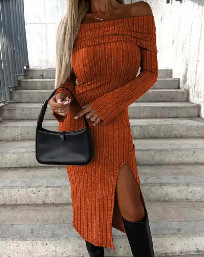 

Womens Mid-Calf Dress 2023 Spring Daily Ribbed Hem Slit Casual Plain Long Sleeve Fashion Off Shoulder Temperament Skinny Dress